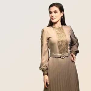 Sebra jeweled pleated long sleeve gown peach